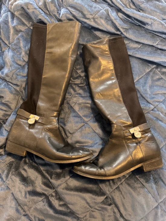 MICHAEL Michael Kors Shoes - MICHAEL Michael Kors Black Leather Over-the-Knee Boots with Gold Logo Accent